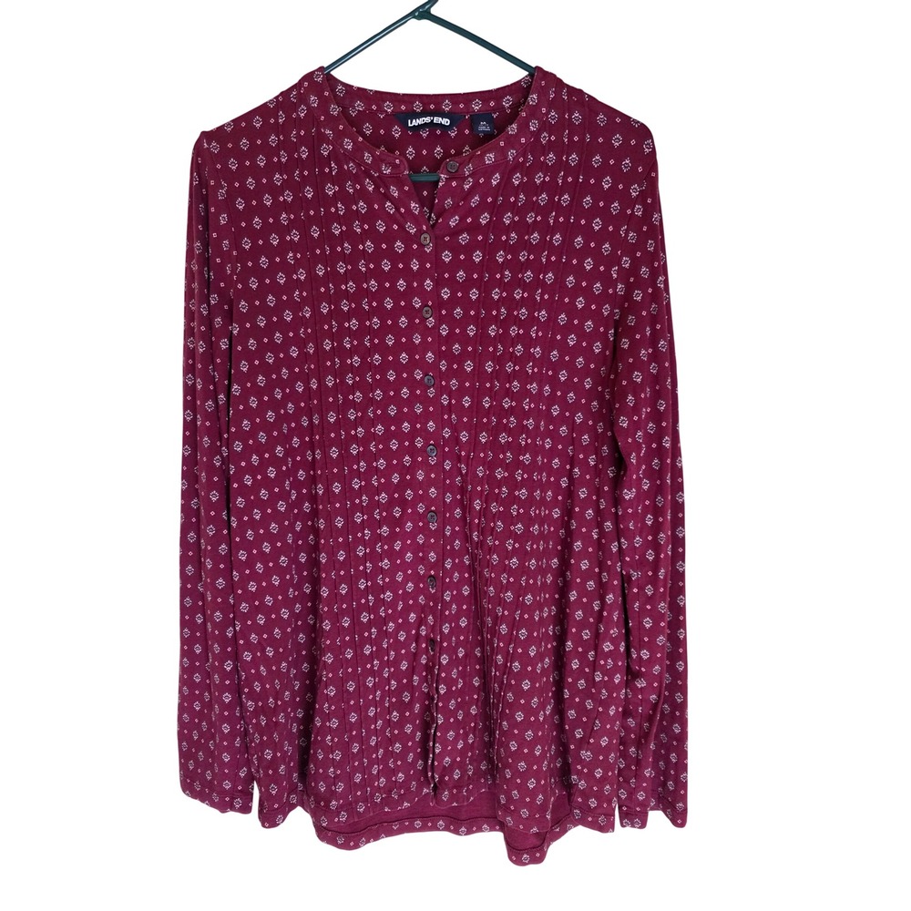 Lands End Womens Burgundy Geometric Print Pintuck Button Front‎ Top Size M 10-12